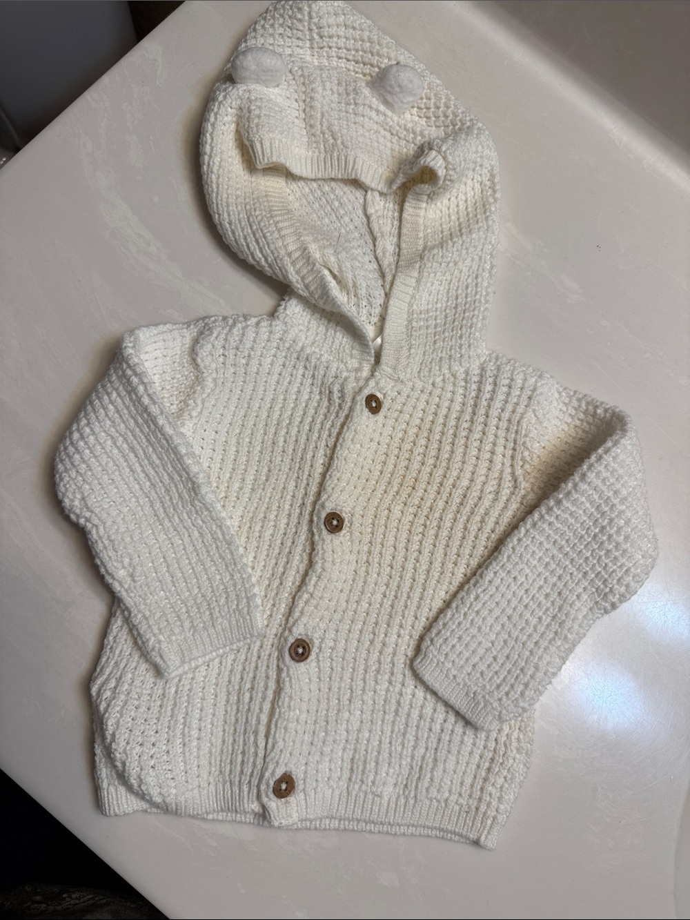 Carter's Cream Knit Hooded Cardigan with Pom Accents